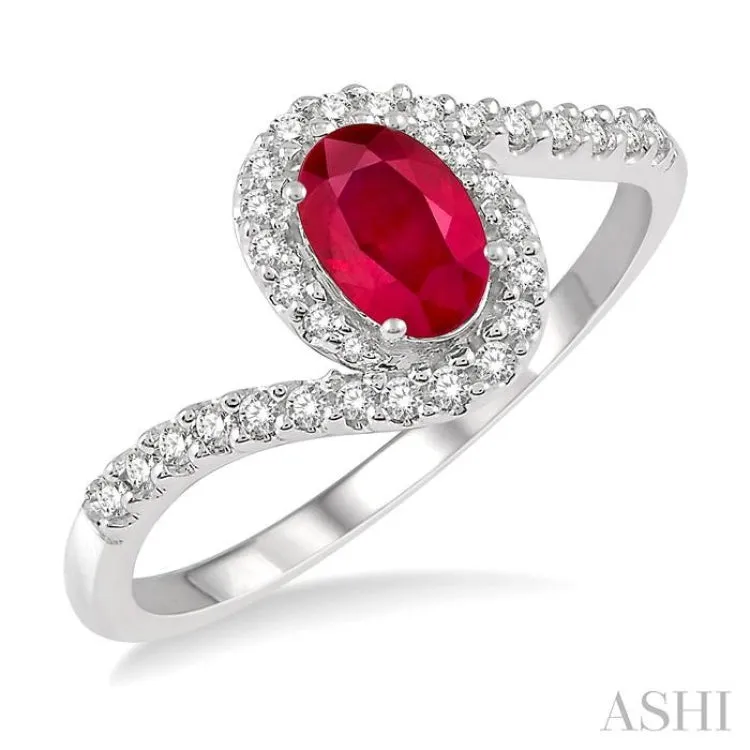 1/5 Ctw Embraced Oval Shape 6x4mm Ruby & Round Cut Diamond Precious Ring in 10K White Gold