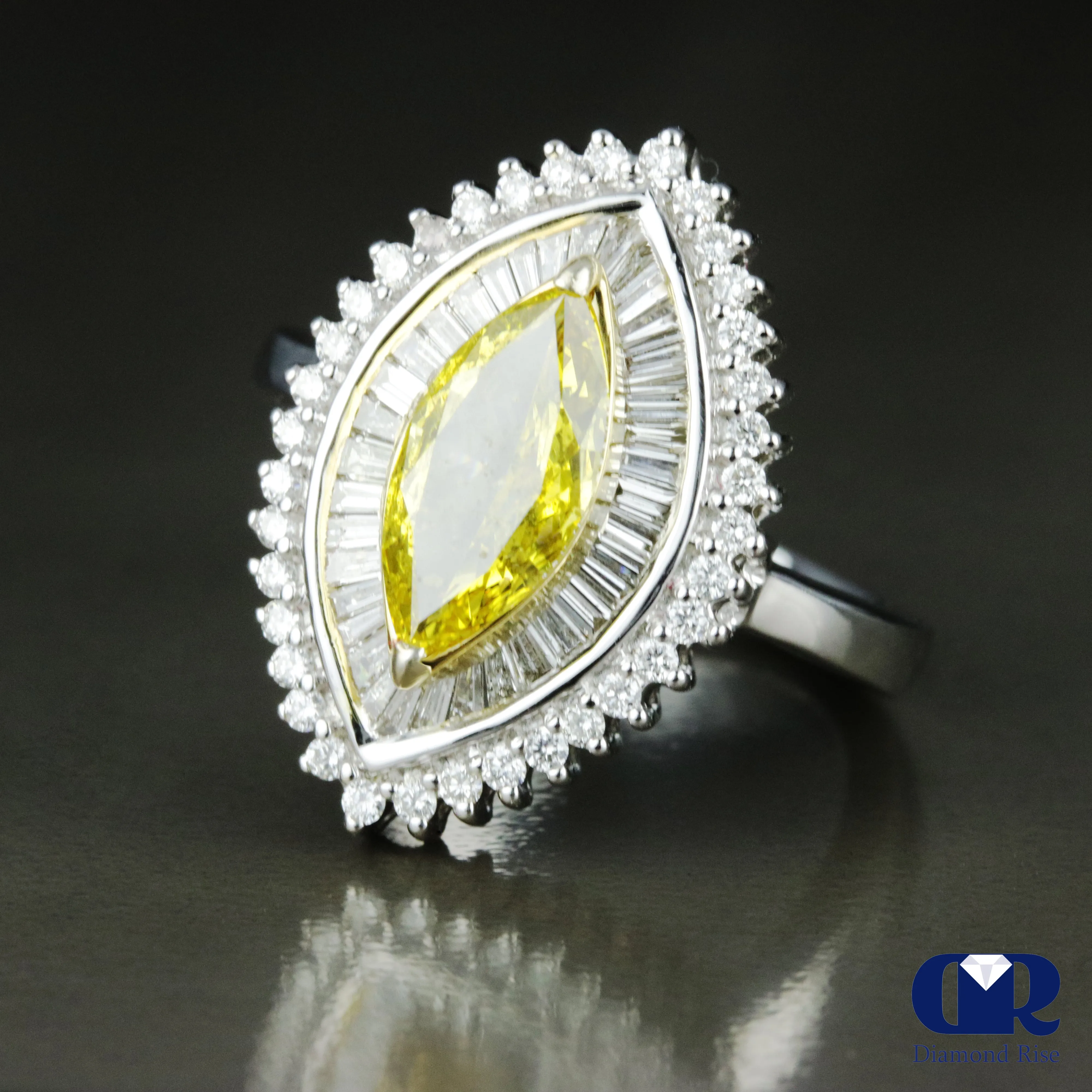 1.86 Carat Fancy Yellow Marquise Cut Diamond Engagement Ring In 18K White Gold