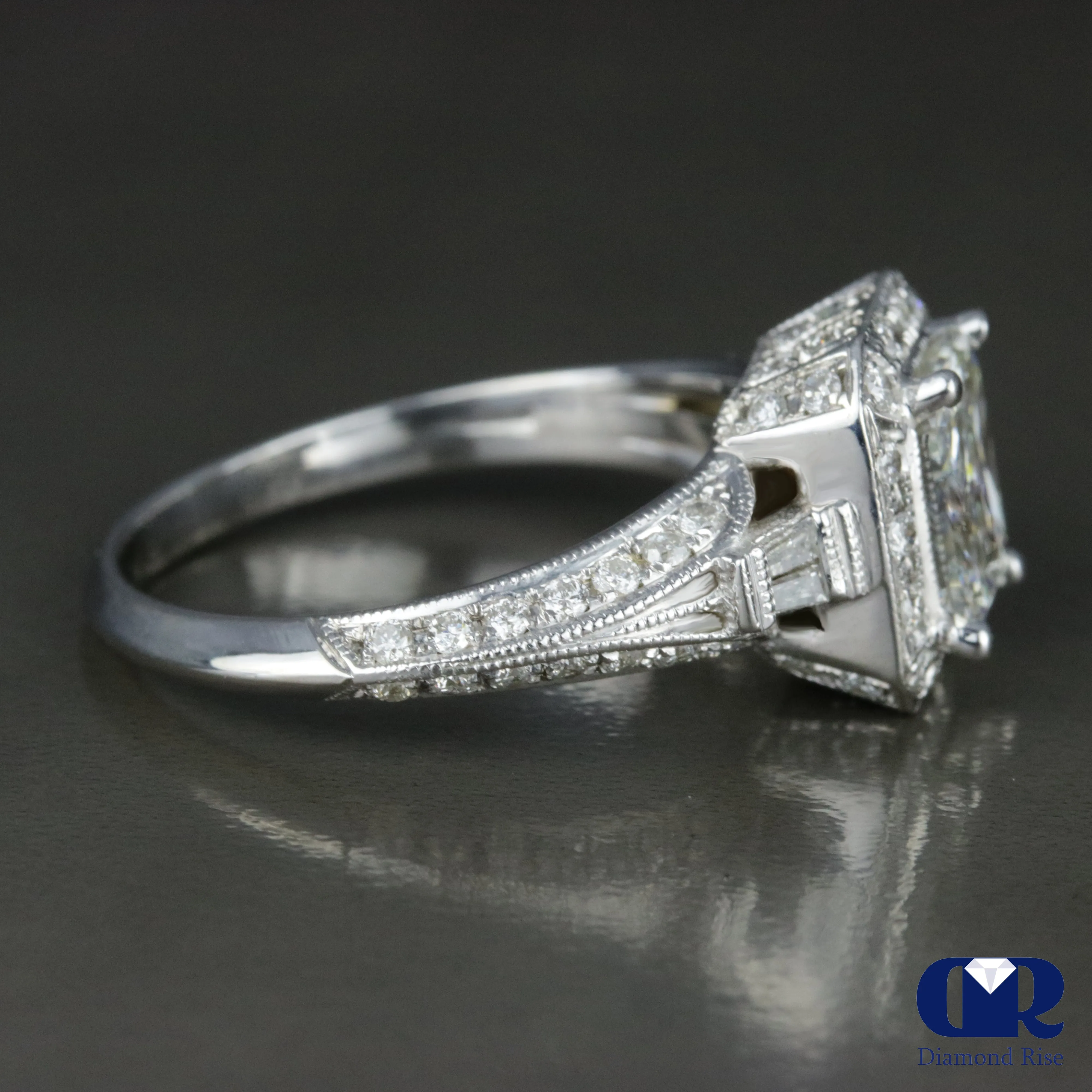 2.51 Carat Radiant Cut Diamond Halo Engagement Ring In 14K White Gold