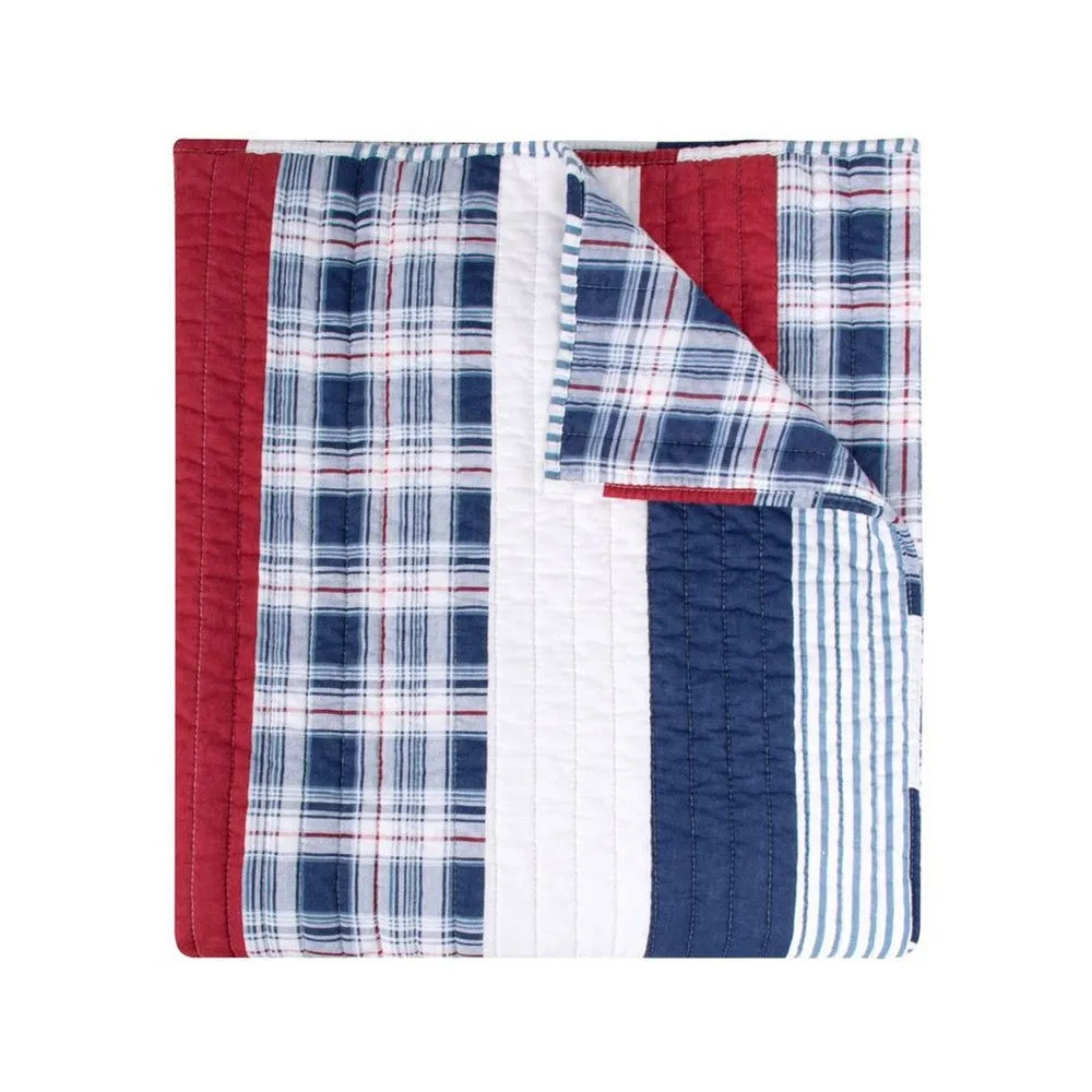 50 x 60 Quilted Throw Blanket, Cotton Fill, Solid, Plaid Stripes, Red, Blue By Casagear Home