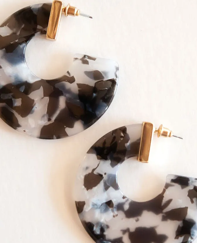 Autumn Marble Lucite Hoops | Black and White with Gold Accent Earring