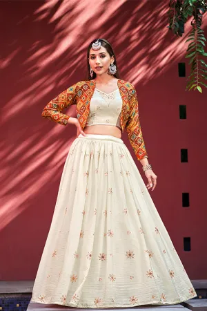 Beige Chiffon Sequence Embroidered Work Lehenga Choli with Jacket