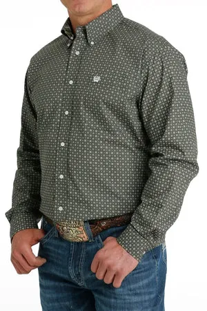 Cinch Mens Geometric Print Button Down Shirt - Olive MTW1105661