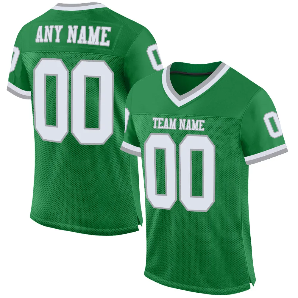 Custom Grass Green White-Gray Mesh Authentic Throwback Football Jersey