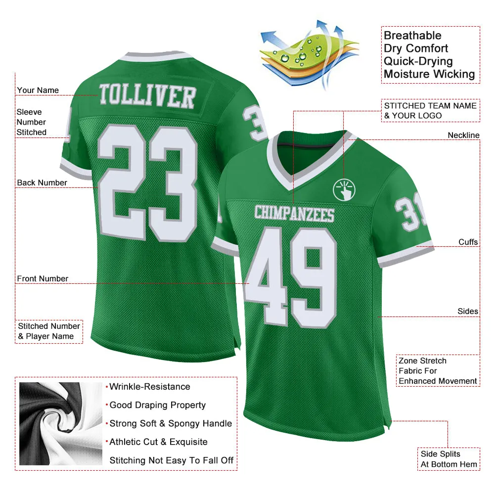 Custom Grass Green White-Gray Mesh Authentic Throwback Football Jersey