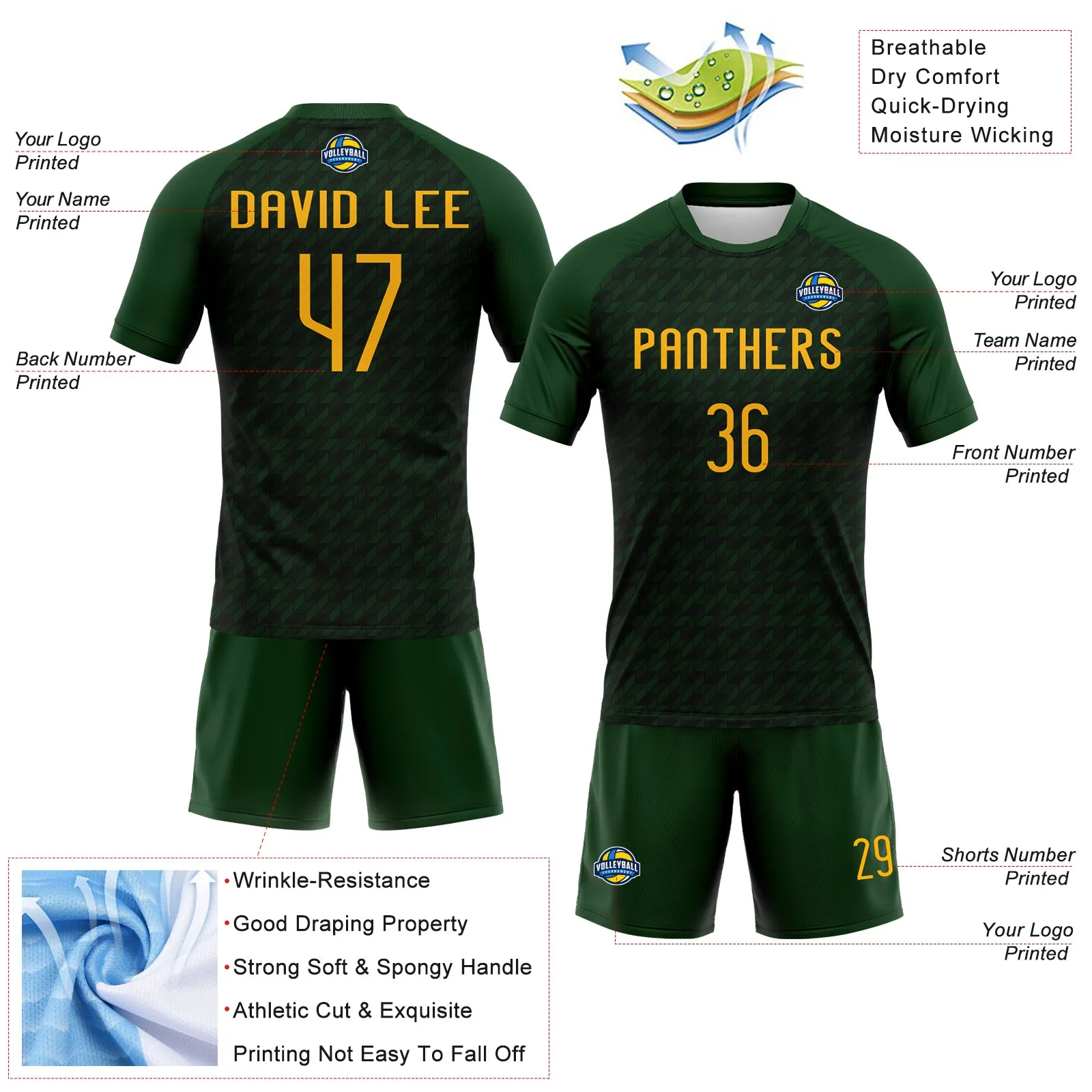 Custom Green Gold Geometric Shape Sublimation Volleyball Uniform Jersey