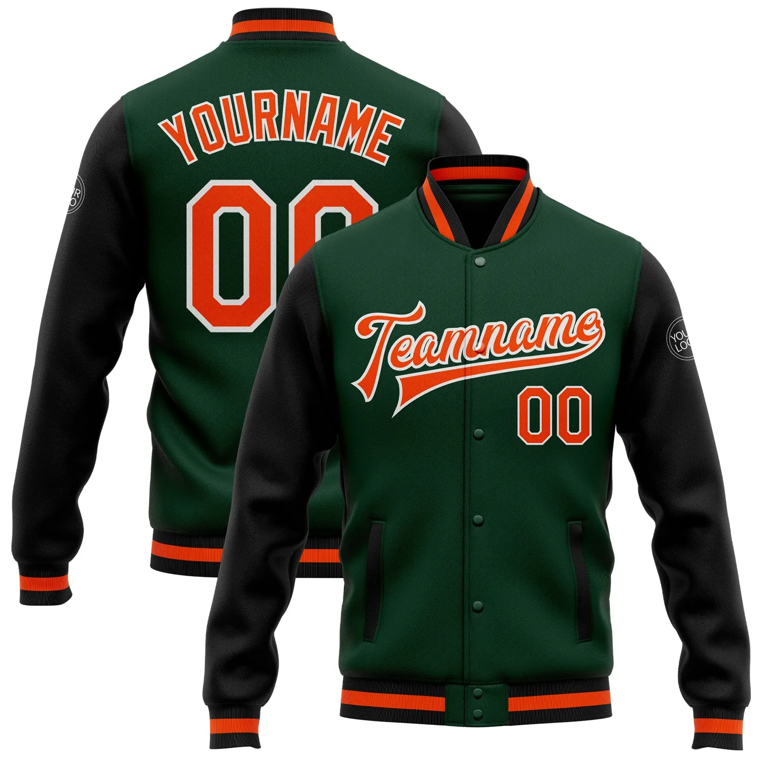 Custom Green Orange-Black Bomber Full-Snap Varsity Letterman Two Tone Jacket