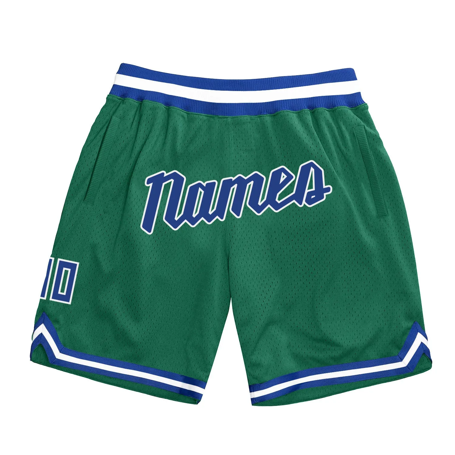 Custom Kelly Green Royal-White Authentic Throwback Basketball Shorts