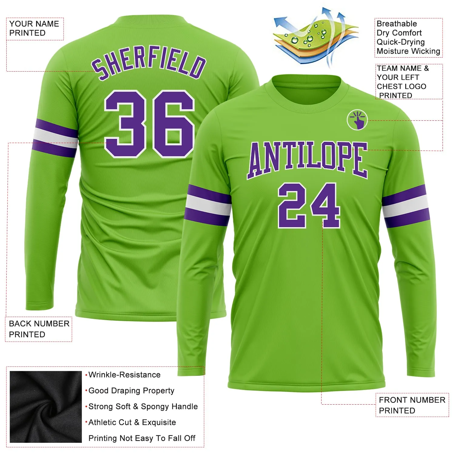 Custom Neon Green Purple-White Long Sleeve Performance T-Shirt