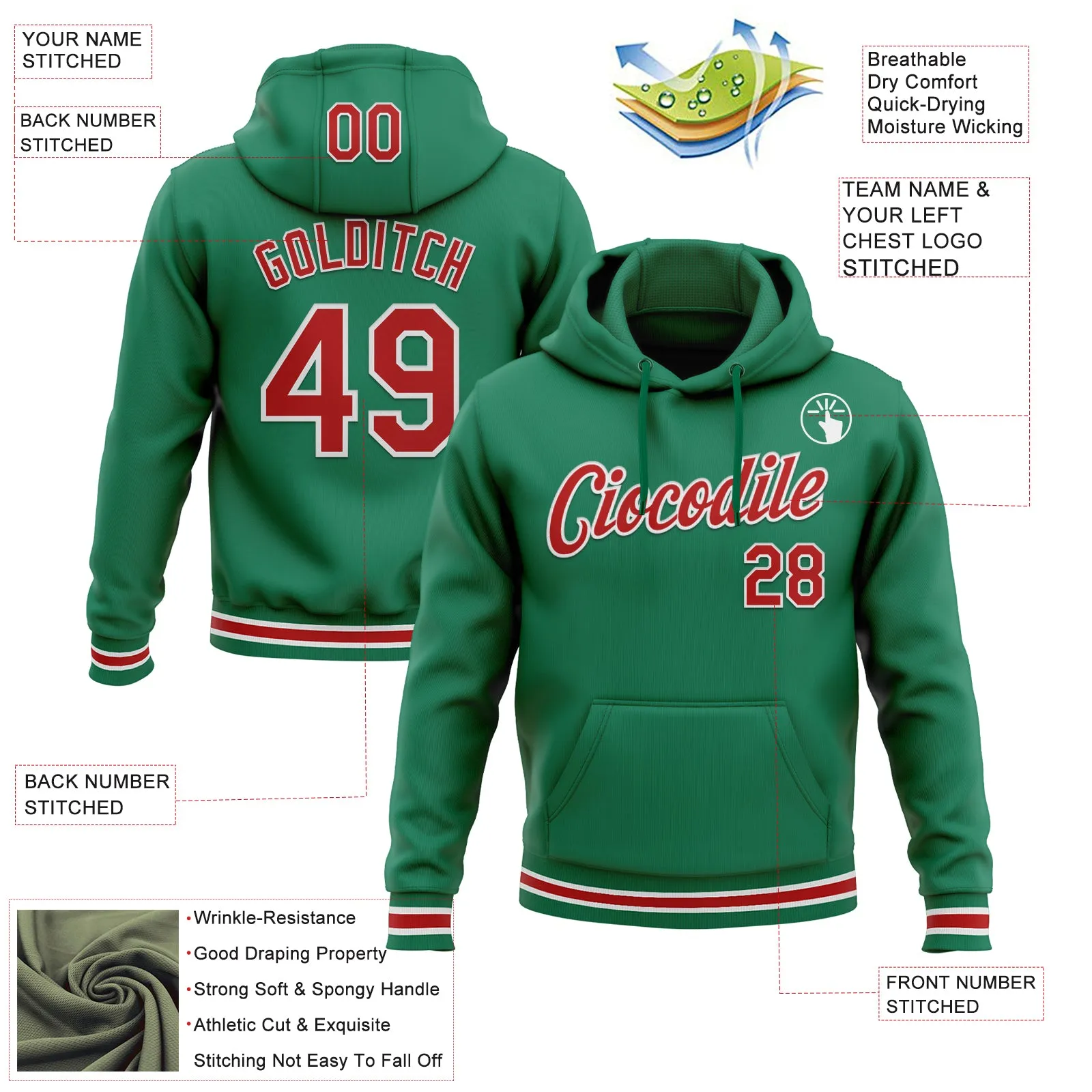 Custom Stitched Kelly Green Red-White Sports Pullover Sweatshirt Hoodie