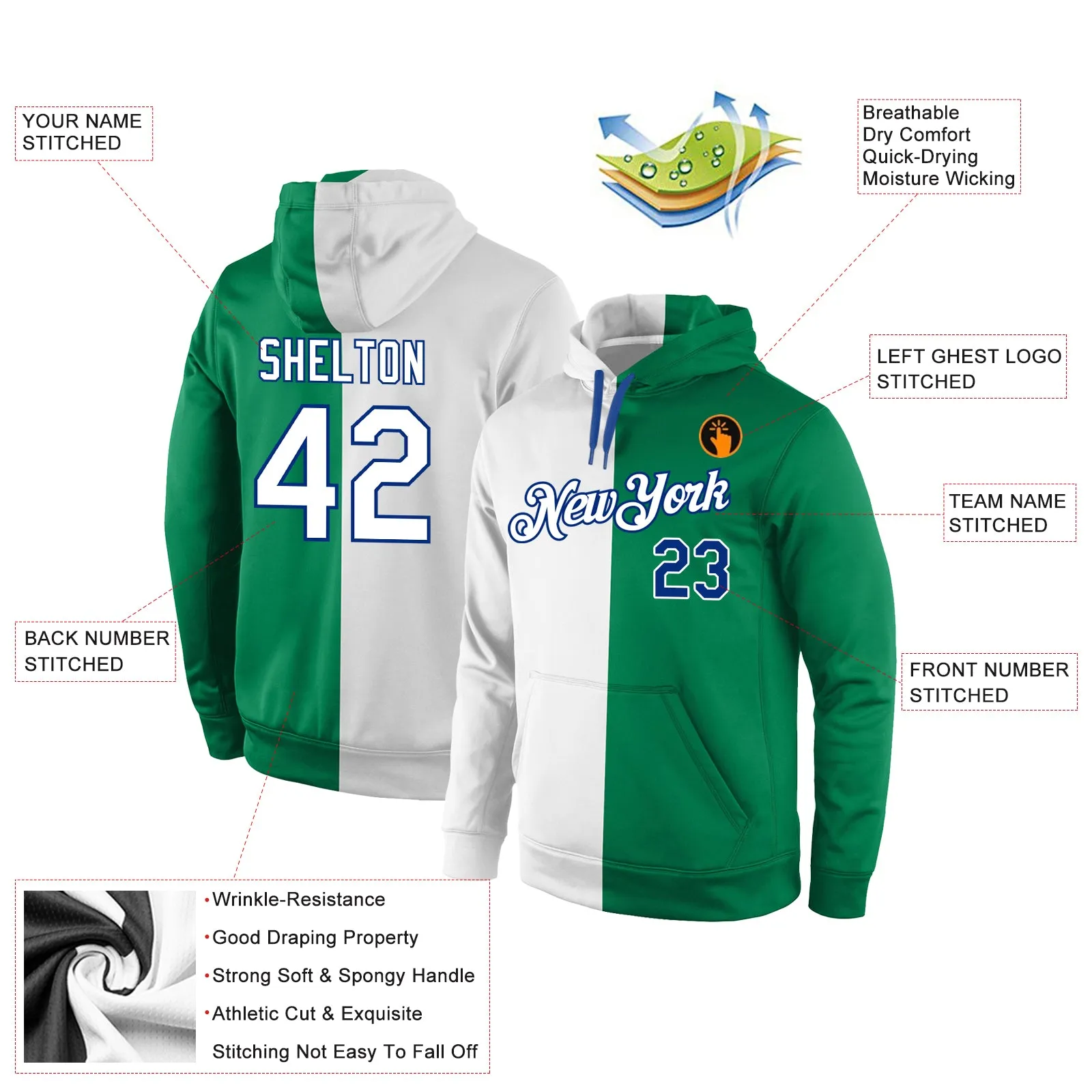 Custom Stitched Kelly Green White-Royal Split Fashion Sports Pullover Sweatshirt Hoodie