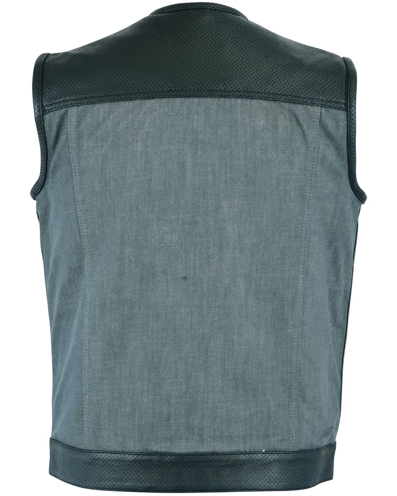 DM934 Men's Perforated Leather/Denim Combo Vest (Black/ Ash Gray)