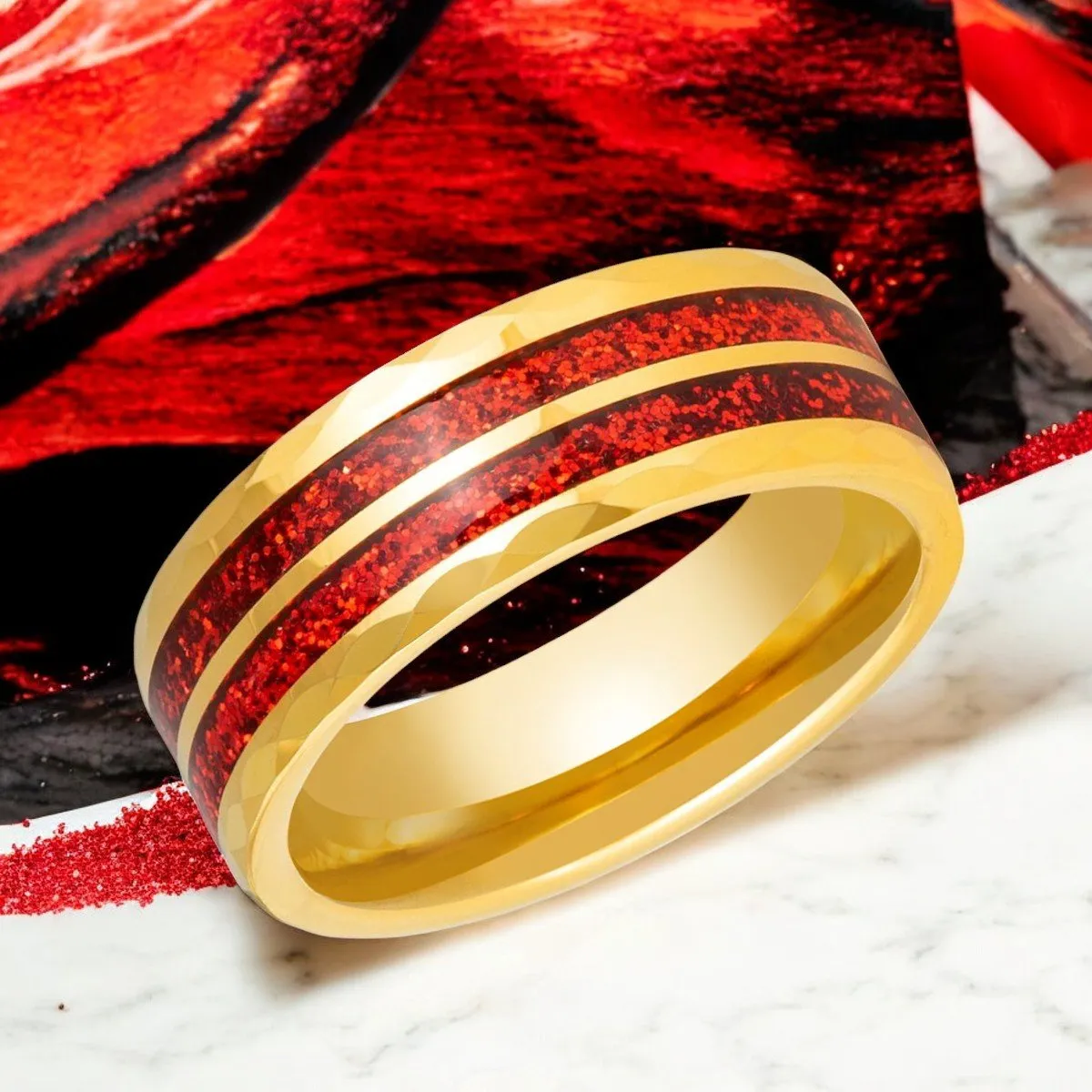 GLEAMFIRE | Gold Tungsten Ring, Red Glitter Inlay, Faceted Edge