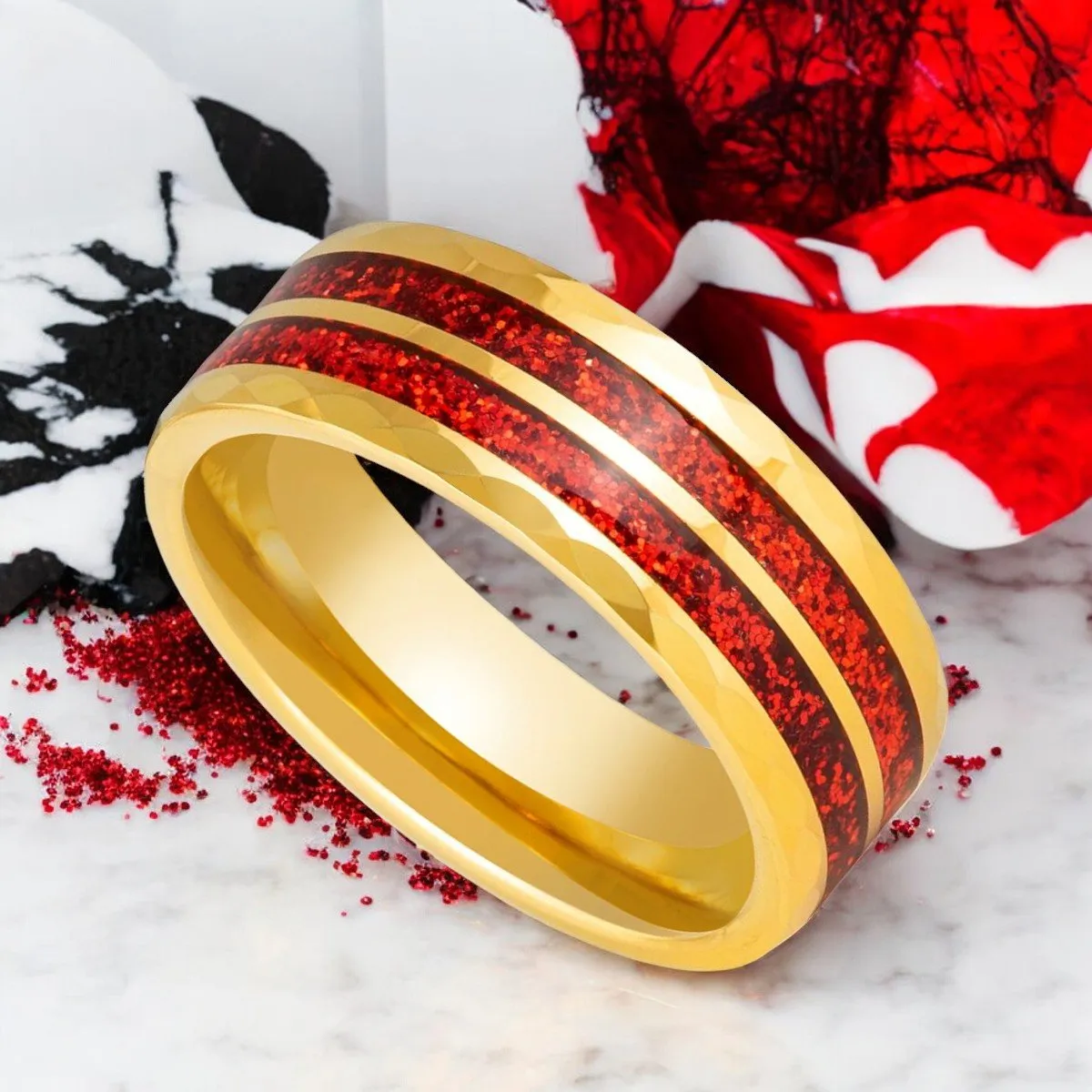 GLEAMFIRE | Gold Tungsten Ring, Red Glitter Inlay, Faceted Edge