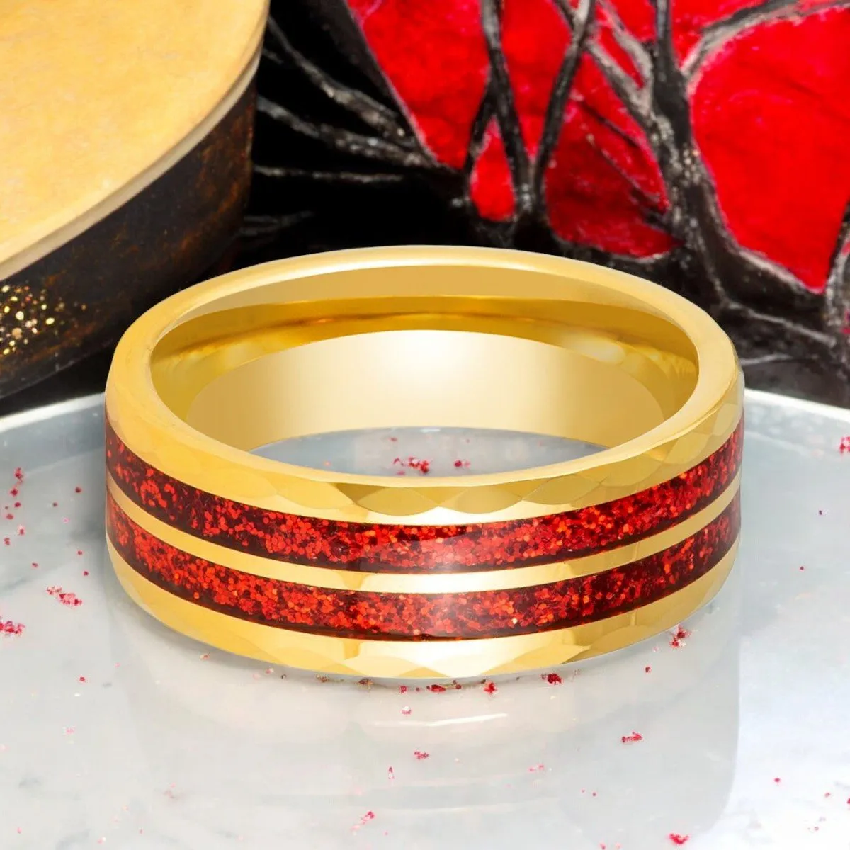 GLEAMFIRE | Gold Tungsten Ring, Red Glitter Inlay, Faceted Edge