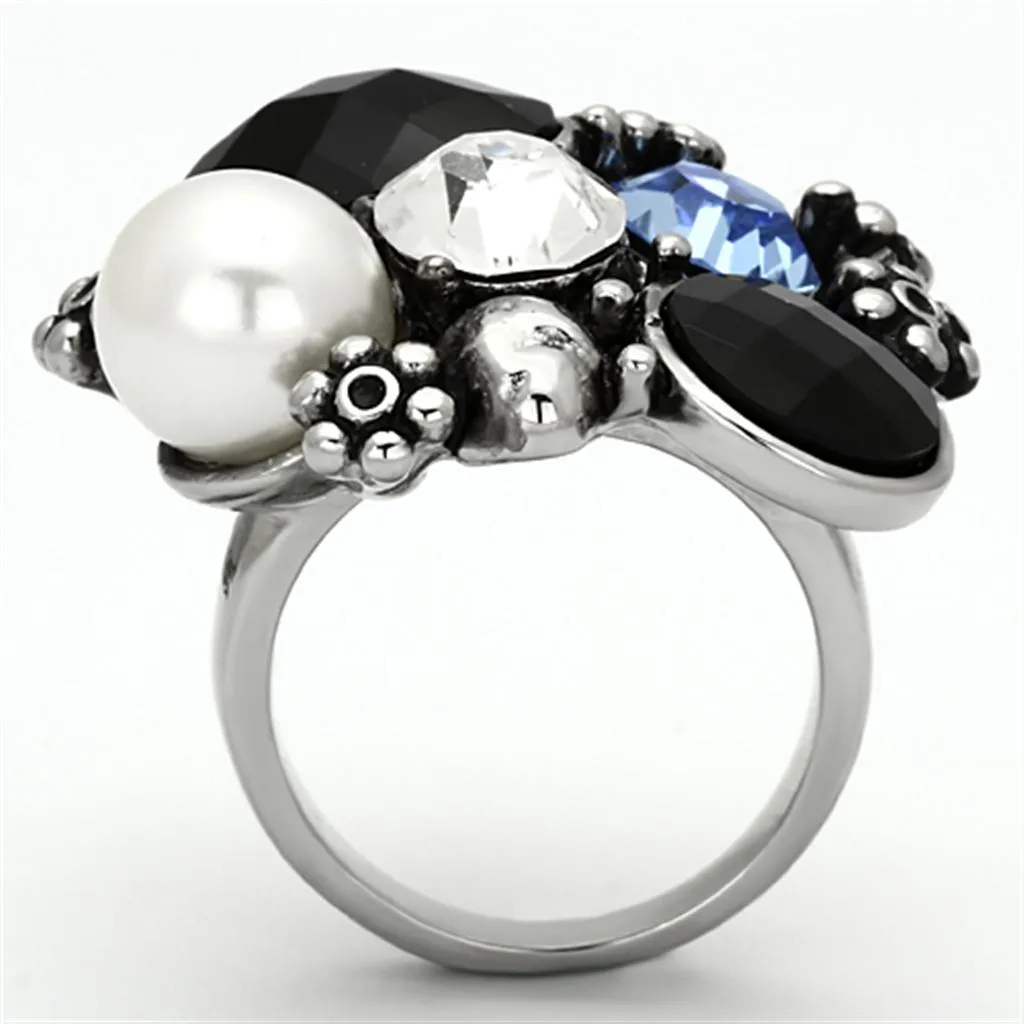 High polished (no plating) Stainless Steel Ring with Synthetic Synthetic Glass in Jet for Women Style TK941