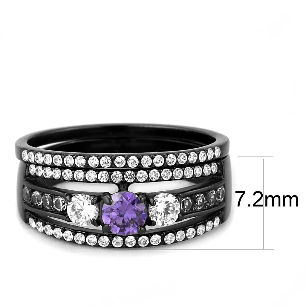 IP Black(Ion Plating) Stainless Steel Ring with AAA Grade CZ in Amethyst for Women Style DA001