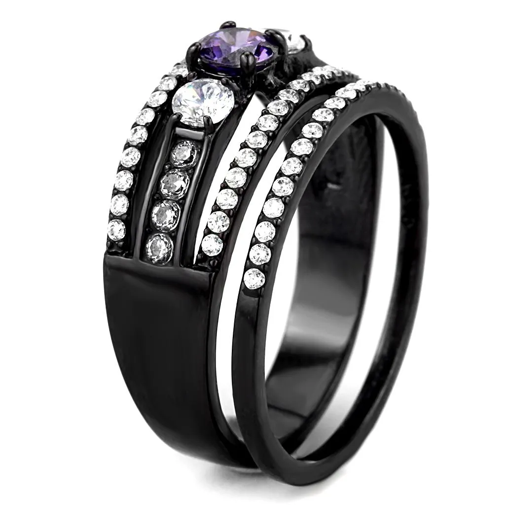 IP Black(Ion Plating) Stainless Steel Ring with AAA Grade CZ in Amethyst for Women Style DA001