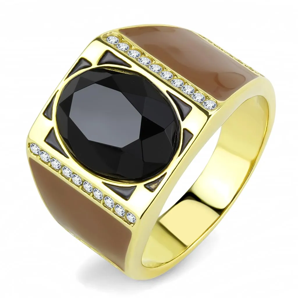 IP Gold(Ion Plating) Stainless Steel Ring with Synthetic Onyx in Jet for Women Style TK3465