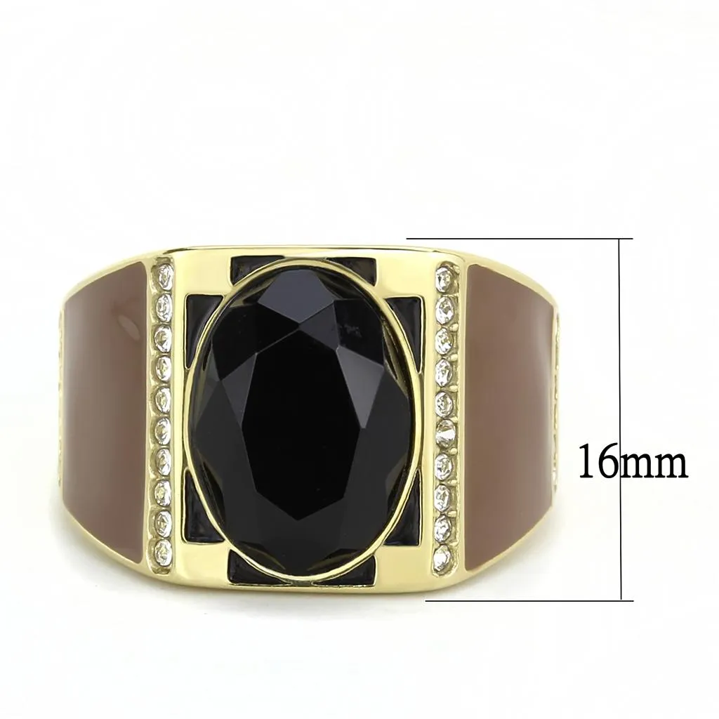 IP Gold(Ion Plating) Stainless Steel Ring with Synthetic Onyx in Jet for Women Style TK3465