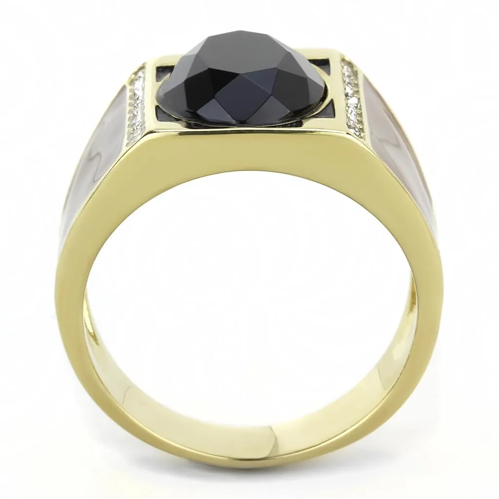 IP Gold(Ion Plating) Stainless Steel Ring with Synthetic Onyx in Jet for Women Style TK3465