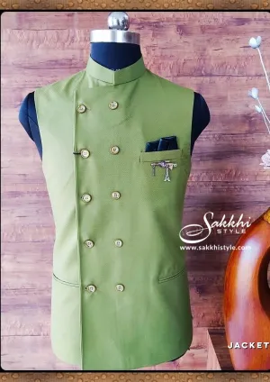 Kakhi Green Solid Woven Nehru Jacket