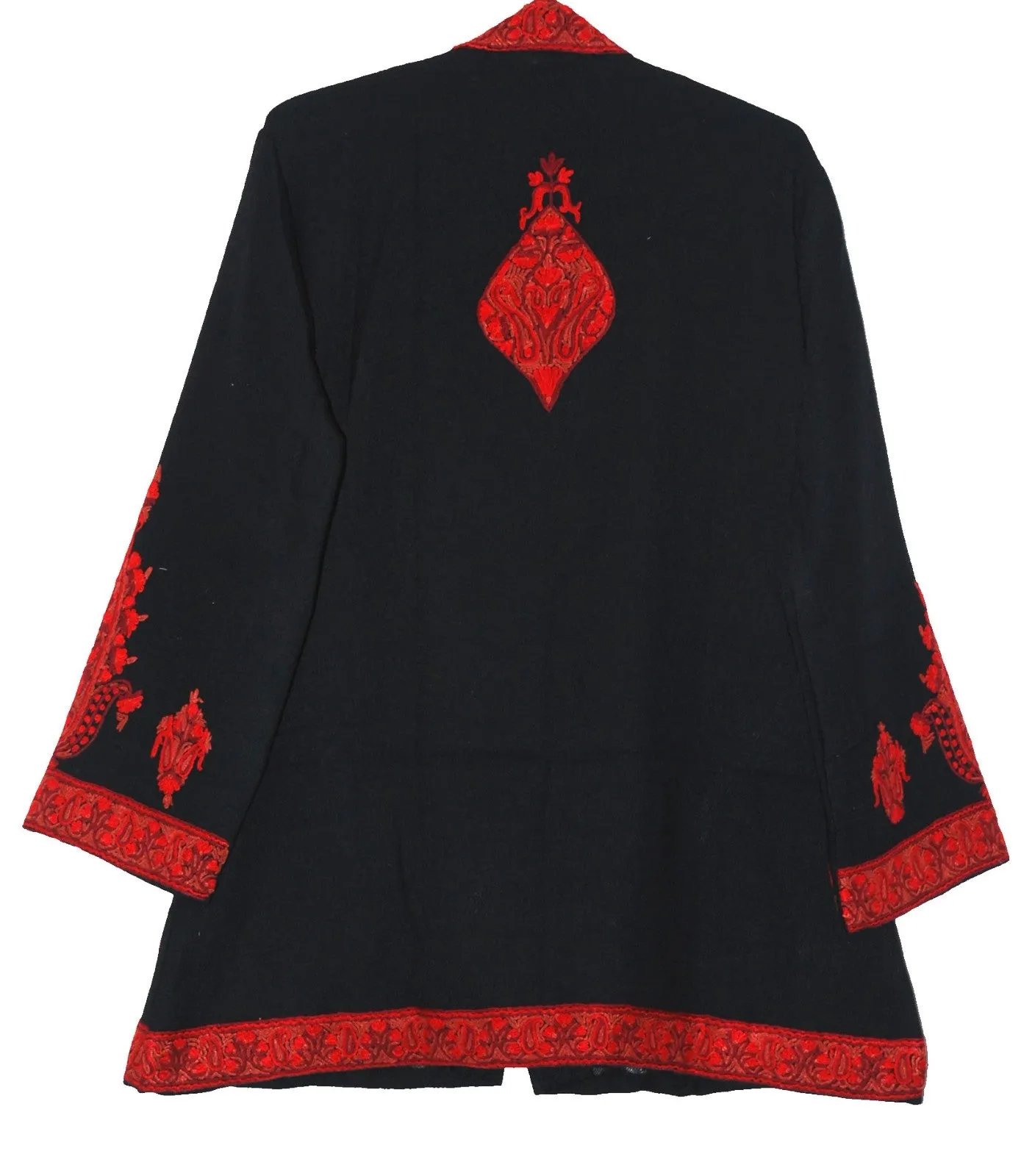 Kashmiri Woolen Jacket Black, Red Embroidery #AO-023