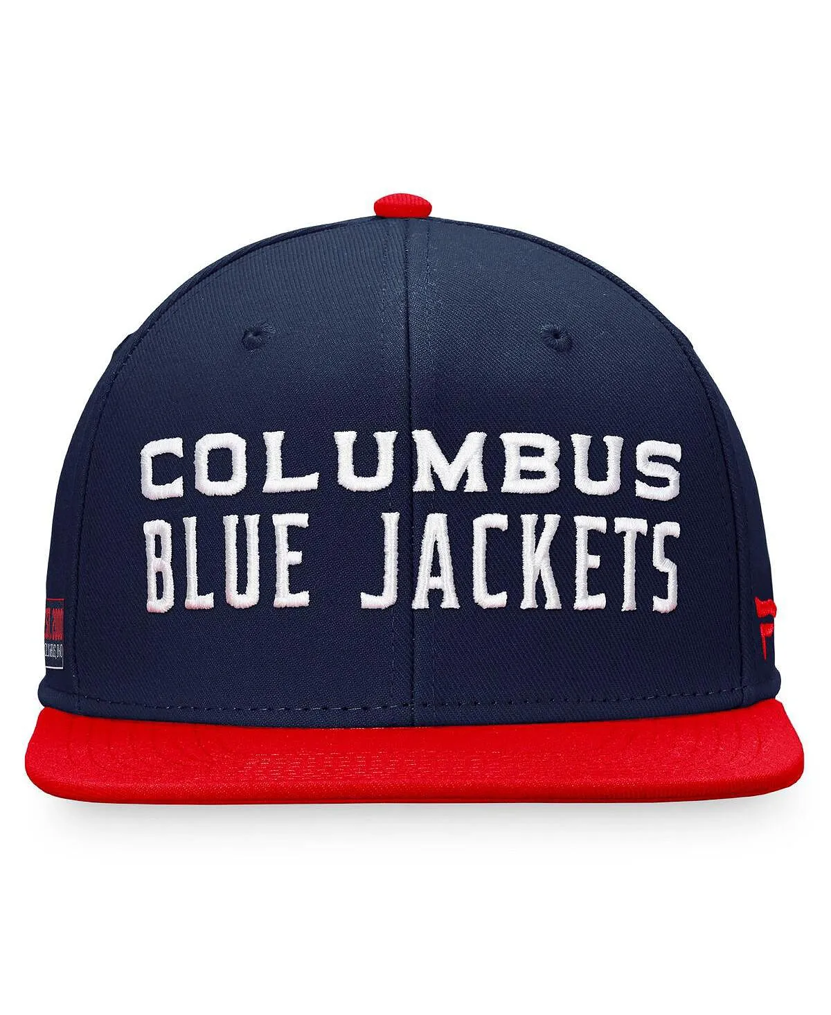 Men's branded dark blue Red Jackets Columbus Blue Iconic Color Block Snapback Hat Fanatics