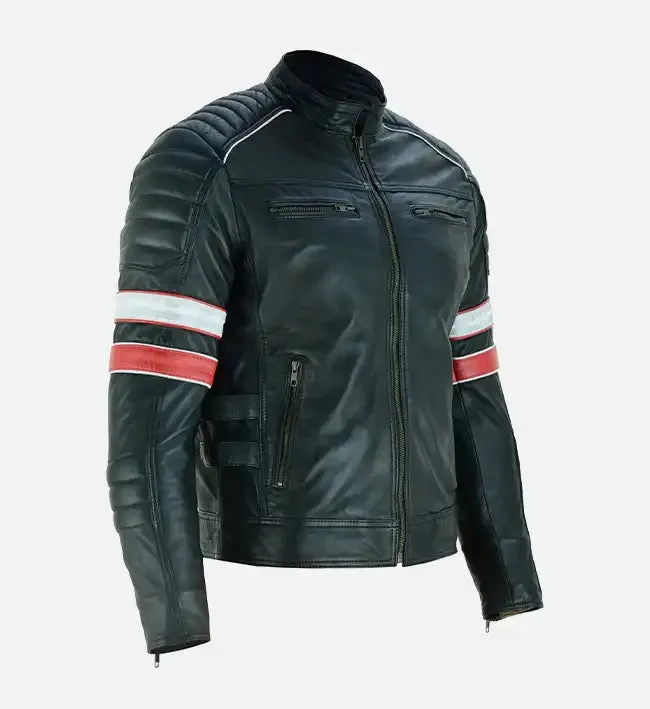 Men’s Red and White Striped Cafe Racer Leather Jacket