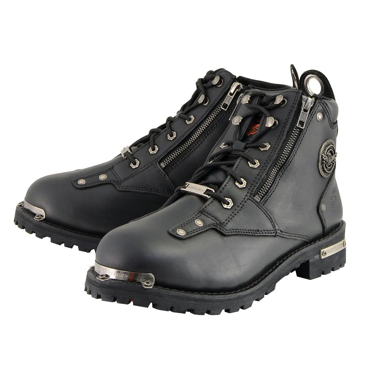 Milwaukee Leather MBM103W Men's Black Leather Lace-Up Wide-Width  Biker Boots w/ DualSide Zipper Entry