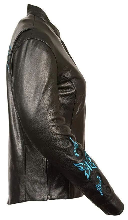 Milwaukee Leather ML2071 Women's Black Leather Jacket with Turquoise Butterfly Design