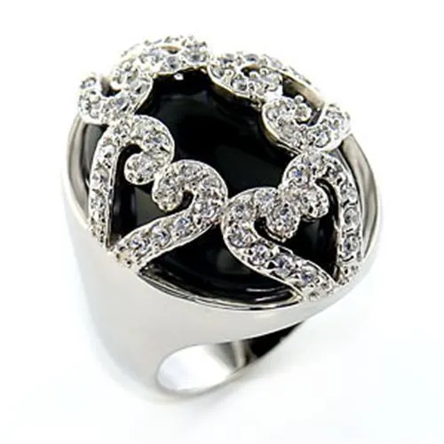 Rhodium Brass Ring with Semi-Precious Onyx in Jet for Women Style 80514