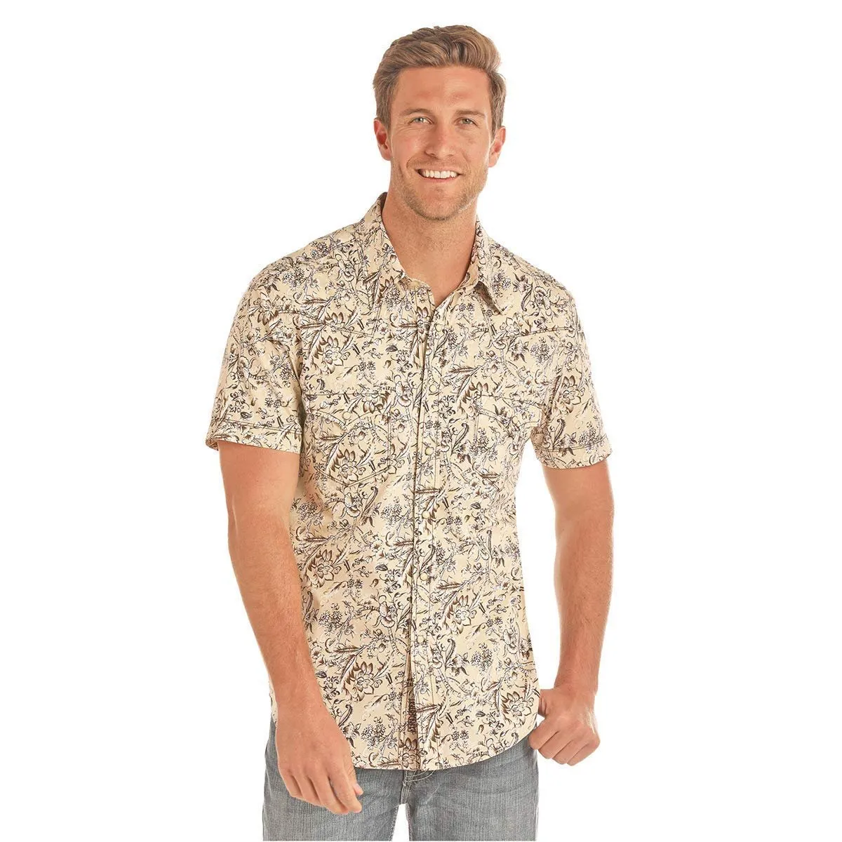 Rock & Roll Cowboy Floral Flourish Short Sleeve Snap Shirt, Large