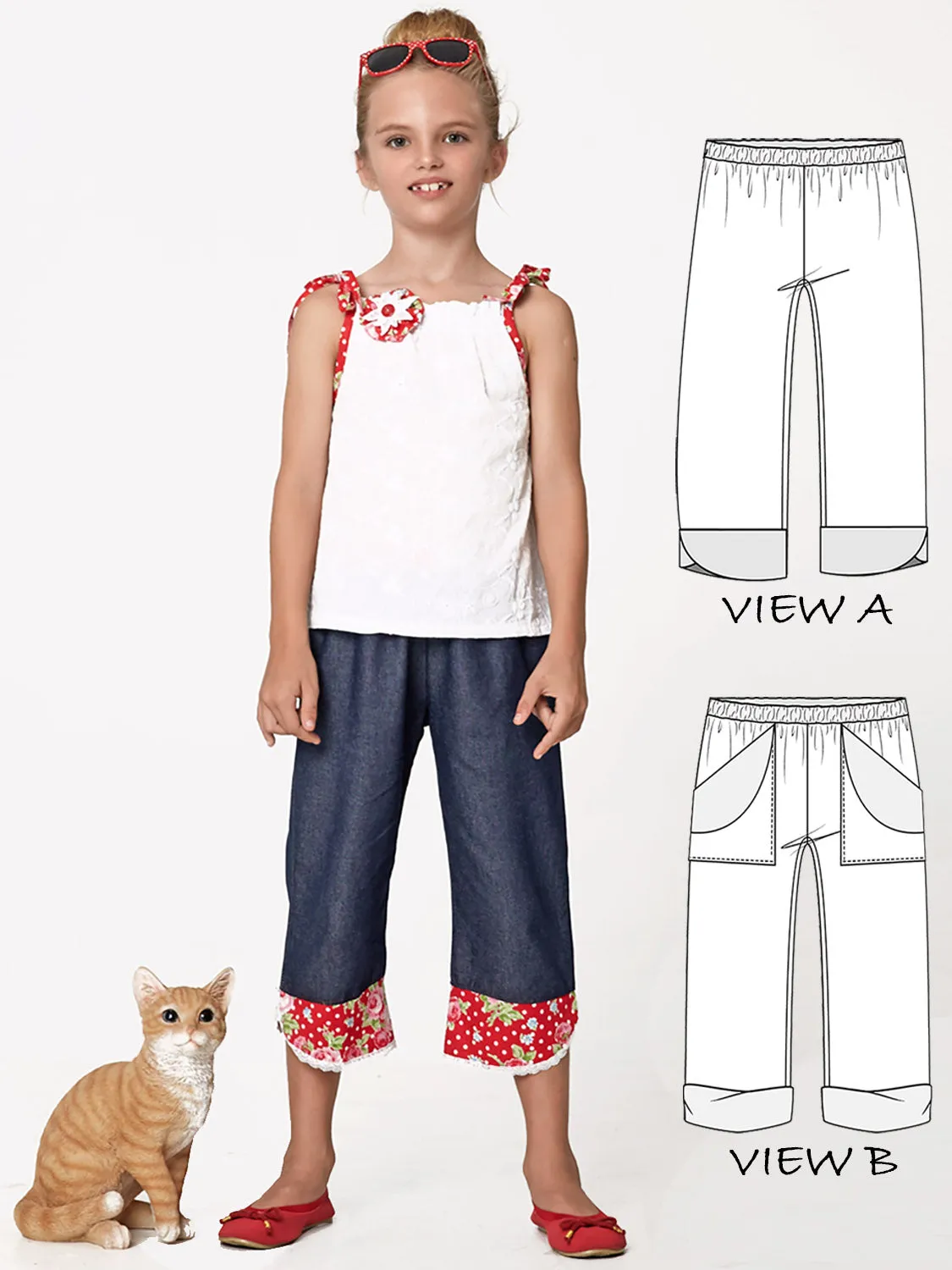 RUBY - Girls Capri Pants Sewing Pattern - 2 cuff styles