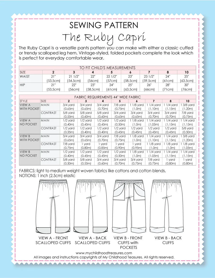 RUBY - Girls Capri Pants Sewing Pattern - 2 cuff styles