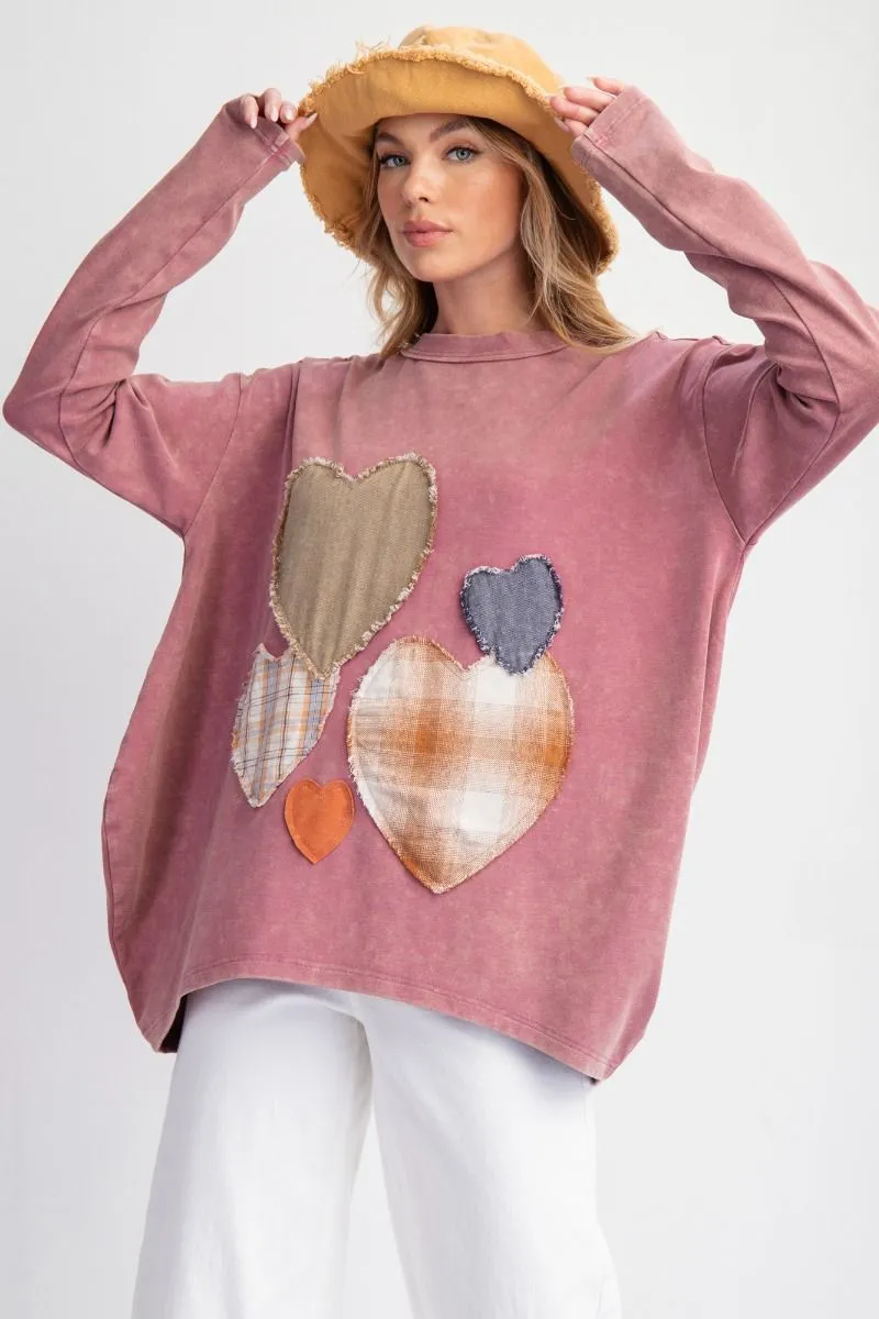 Sally Heart Patch Mineral Washed Long Sleeve Knit Top