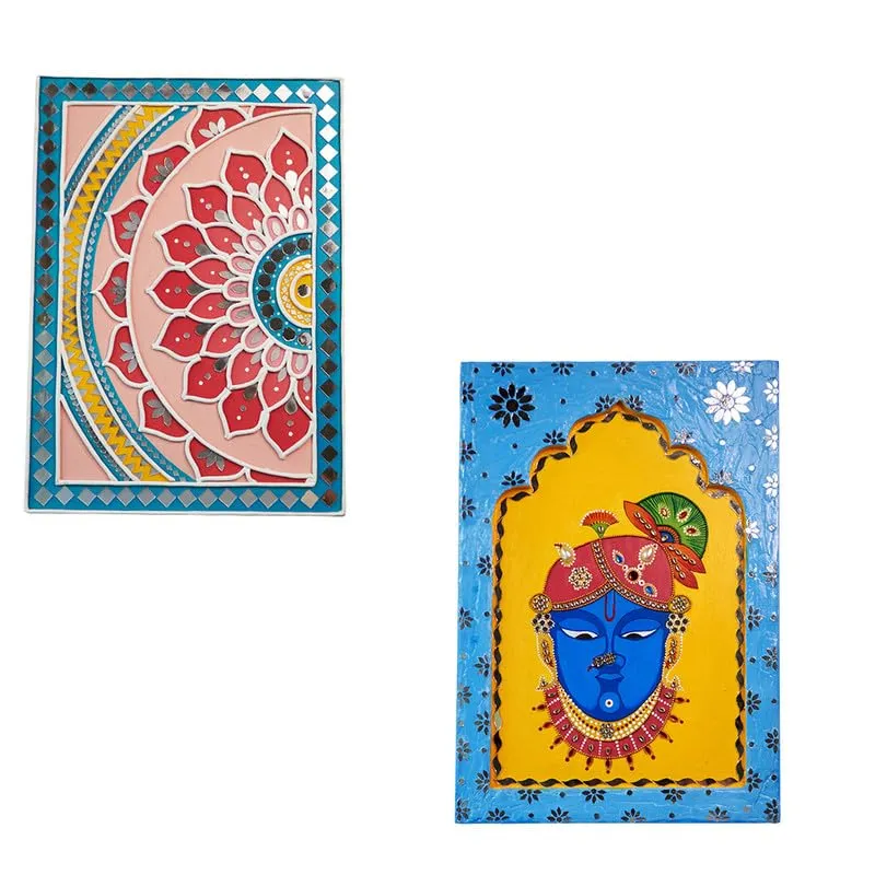 Suhasini Crafts Mirror Madala Lippan Art Wall - Left Rectangle Shape And Paint Shreenath Ji Jharokha - Mosaic Art Rectangle Shape