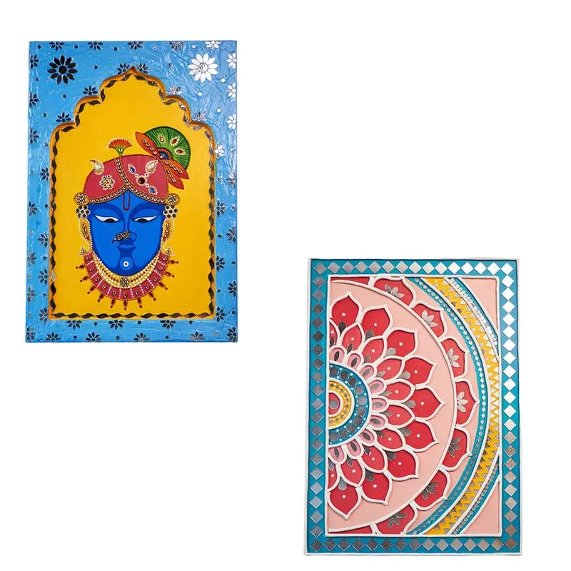 Suhasini Crafts Wood, Mud, Mirror, Paint Shreenath Ji Jharokha - Mosaic Art Rectangle Shape And Mirror Madala Lippan Art Wall - Right Rectangle Shape