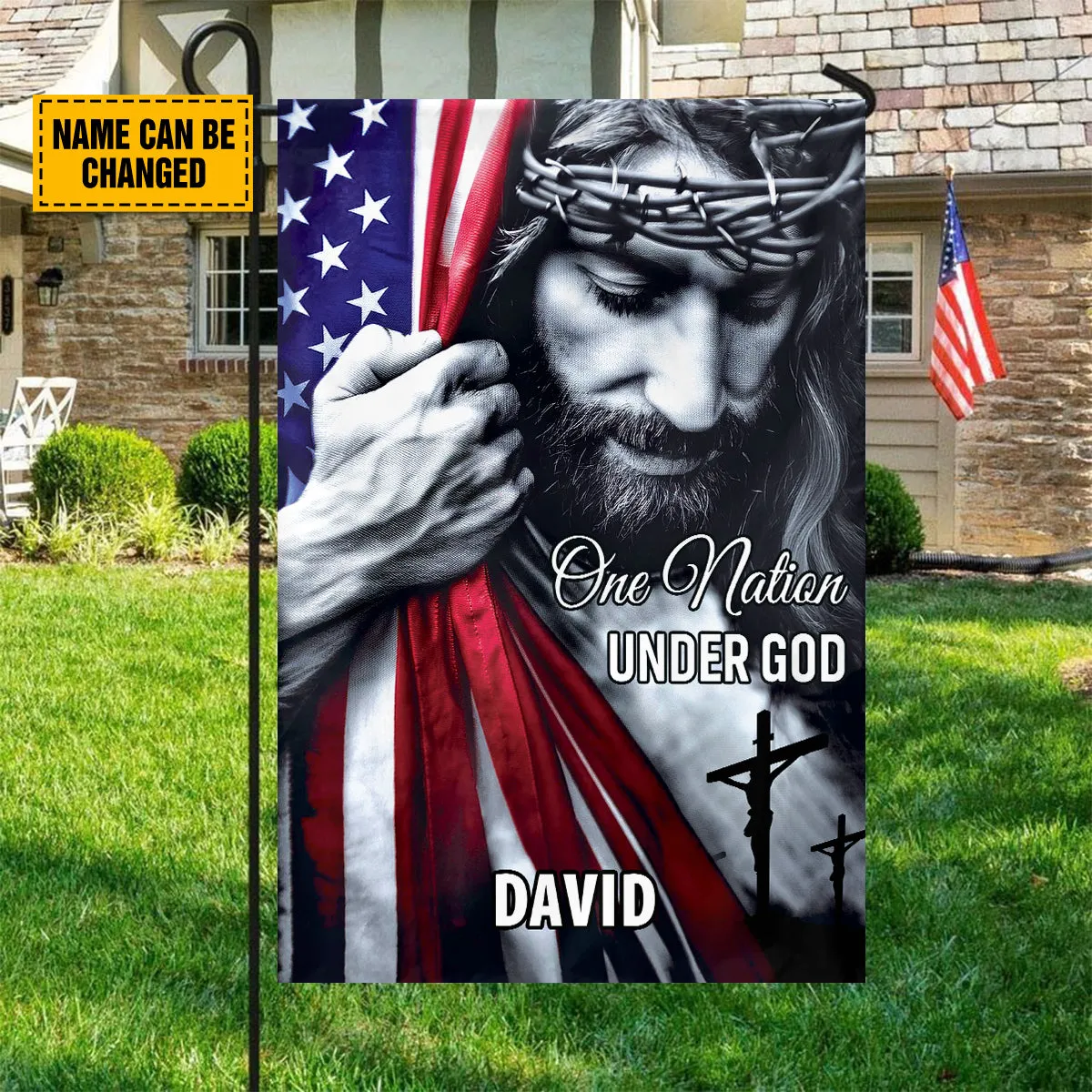 Teesdily | Customized American Flag Jesus Yard Sign, One Nation Under God Christian American Garden Metal Sign, Jesus Lover Gift