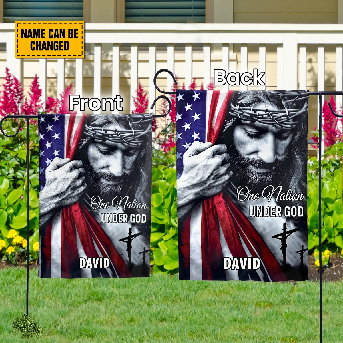 Teesdily | Customized American Flag Jesus Yard Sign, One Nation Under God Christian American Garden Metal Sign, Jesus Lover Gift