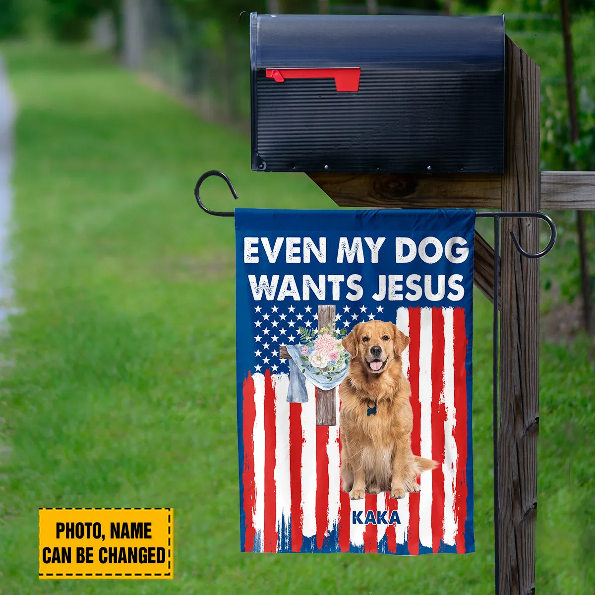 Teesdily | Customized Golden Retriever American Flag Home, Even My Dog Wants Jesus Garden Flag, Patriot 4th Of July House Flag Decor, Dog Lover Gift