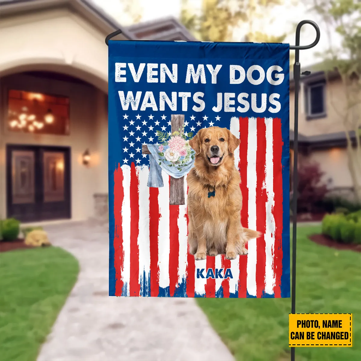 Teesdily | Customized Golden Retriever American Flag Home, Even My Dog Wants Jesus Garden Flag, Patriot 4th Of July House Flag Decor, Dog Lover Gift