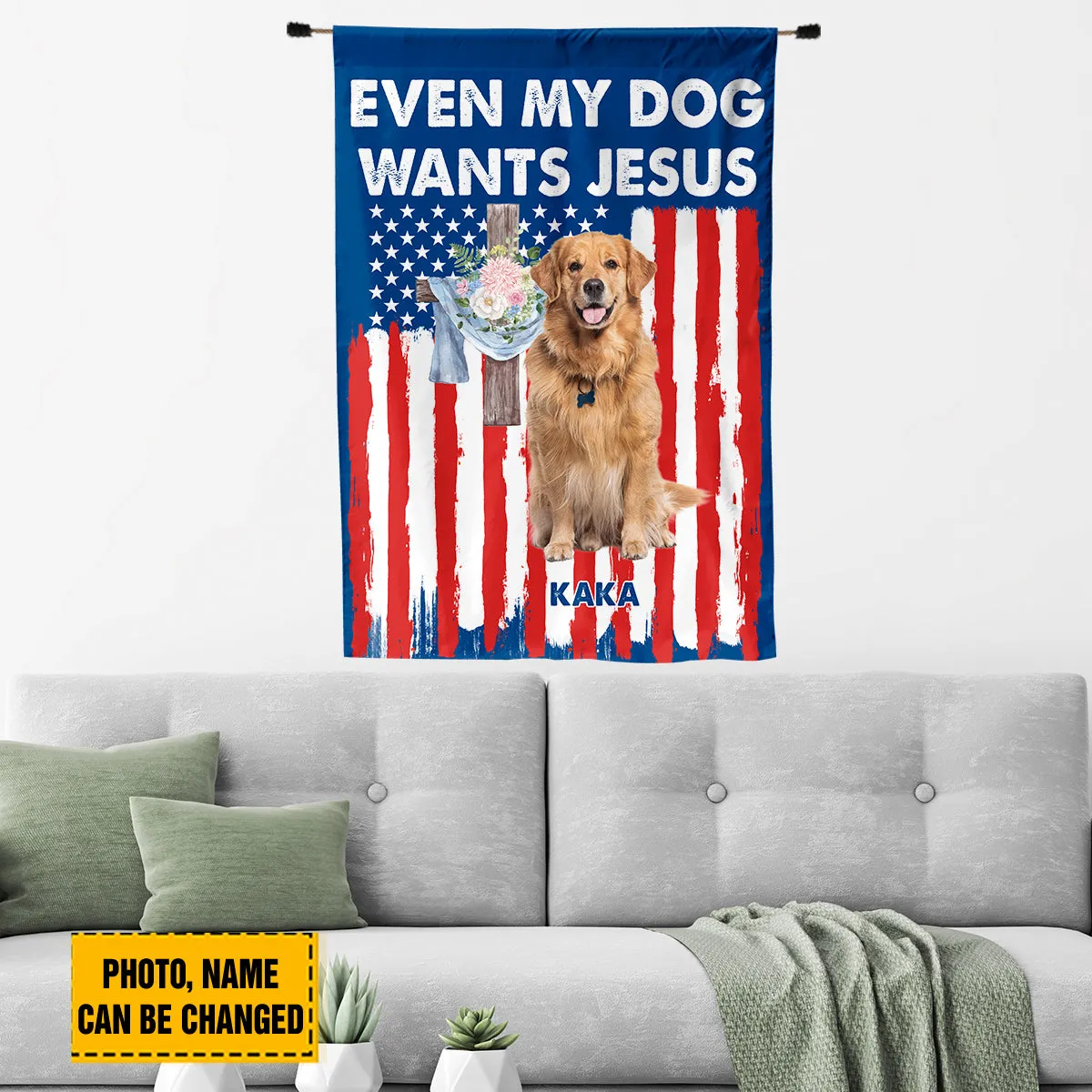 Teesdily | Customized Golden Retriever American Flag Home, Even My Dog Wants Jesus Garden Flag, Patriot 4th Of July House Flag Decor, Dog Lover Gift