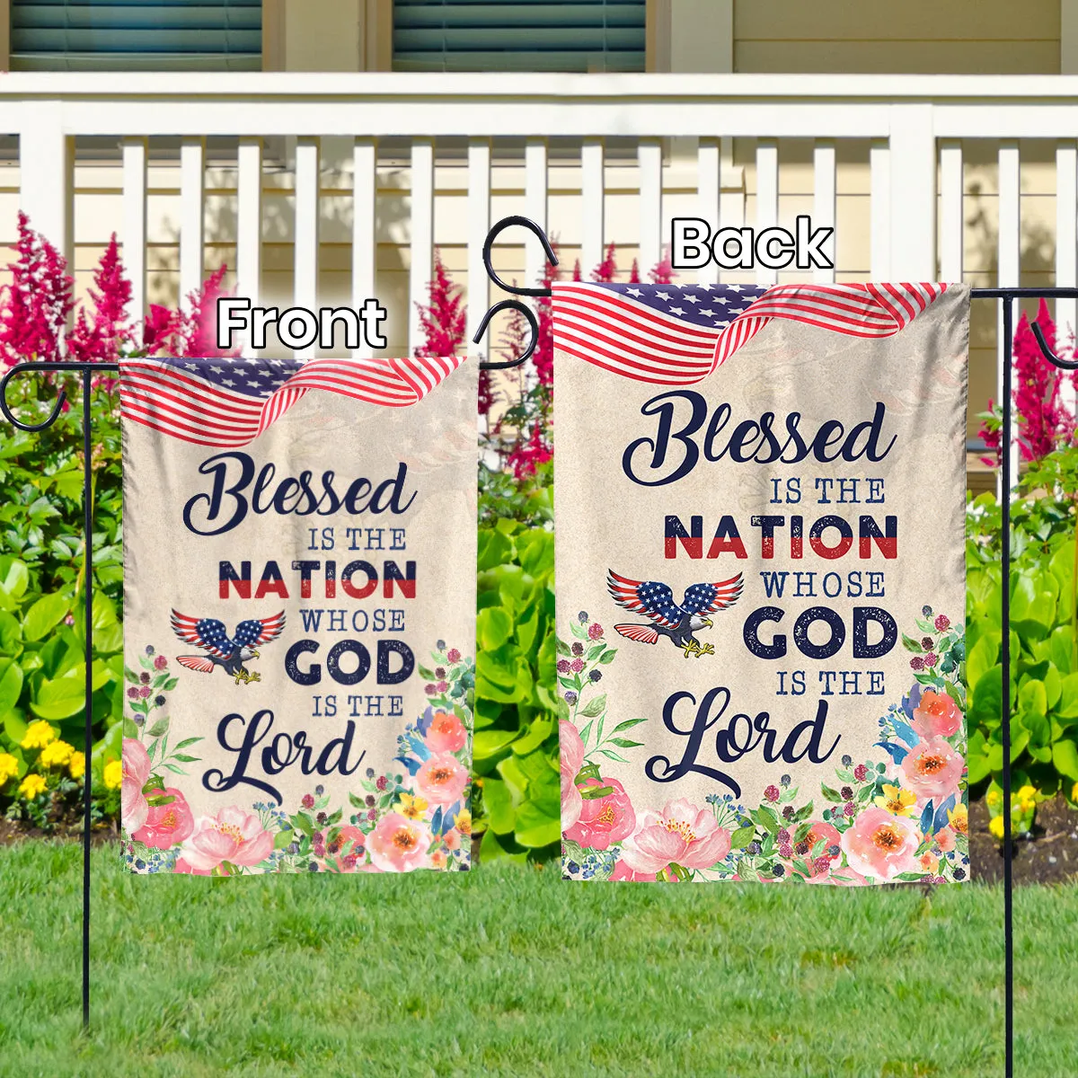 Teesdily | Eagle Floral Usa Flag, Blessed Is The Nation House Flag, Independence Day Home Decor, God Gift Lover, Christian Garden House Flag