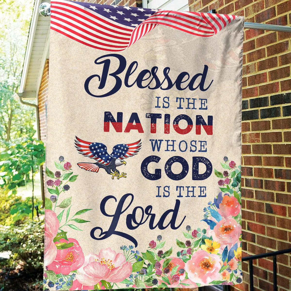 Teesdily | Eagle Floral Usa Flag, Blessed Is The Nation House Flag, Independence Day Home Decor, God Gift Lover, Christian Garden House Flag