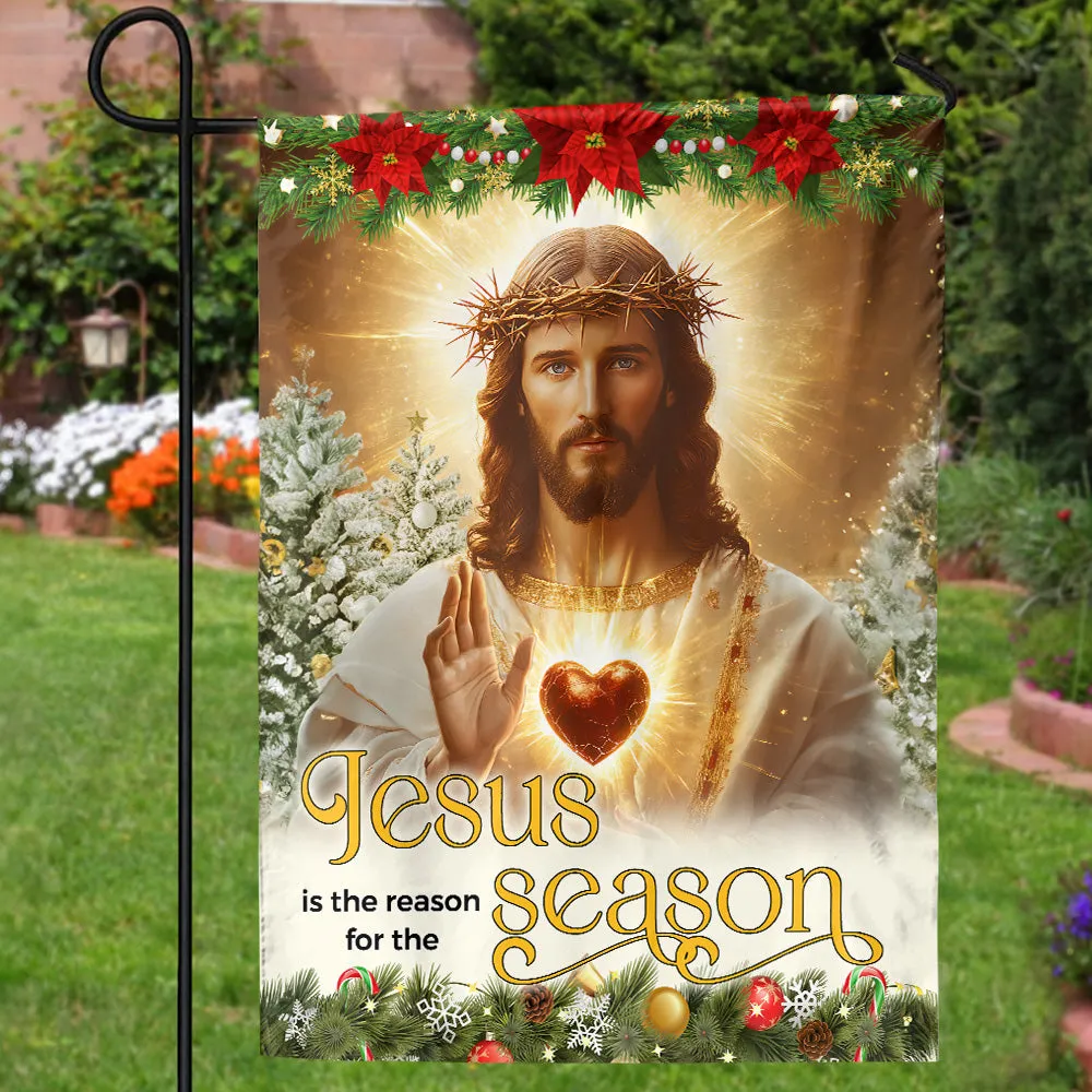 Teesdily | Jesus Christ Scared Heart Christmas Flag, Jesus Is The Reason For The Season House Flag, Xmas Tree Flag Decor Garden