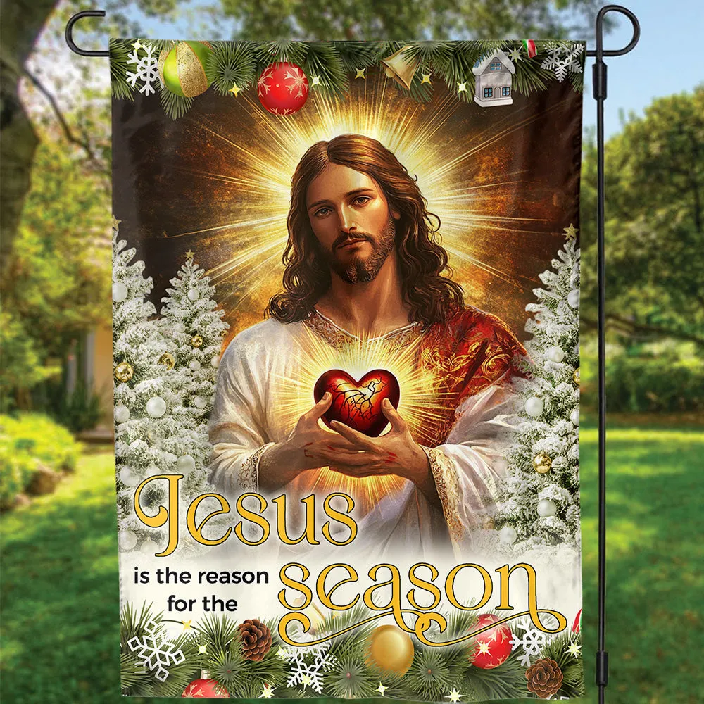 Teesdily | Jesus Christ Scared Heart Christmas Flag, Jesus Is The Reason For The Season House Flag, Xmas Tree Flag Decor Garden