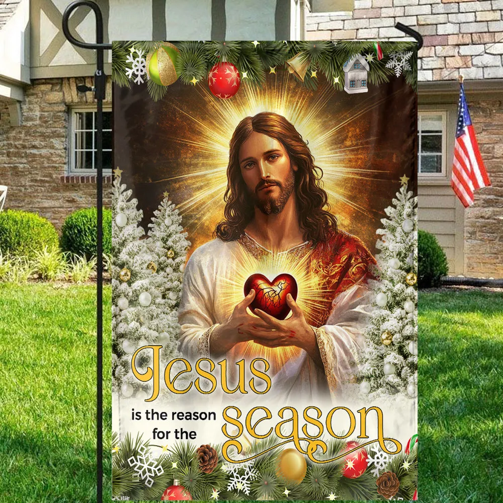 Teesdily | Jesus Christ Scared Heart Christmas Flag, Jesus Is The Reason For The Season House Flag, Xmas Tree Flag Decor Garden