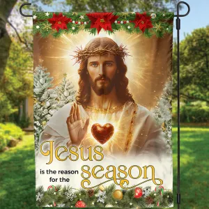 Teesdily | Jesus Christ Scared Heart Christmas Flag, Jesus Is The Reason For The Season House Flag, Xmas Tree Flag Decor Garden