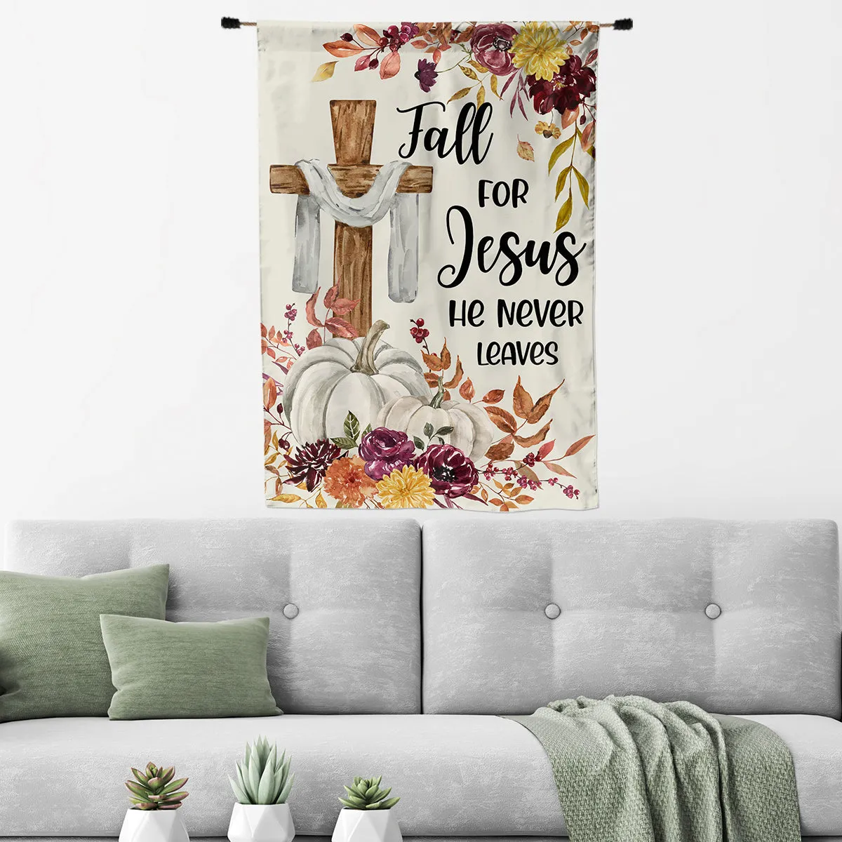 Teesdily | Jesus Christ Thanksgiving Autumn House Flag, Jesus Cross Pumpkin Garden Flag, Fall For Jesus He Never Leaves Autumn Outdoor Garden Decor